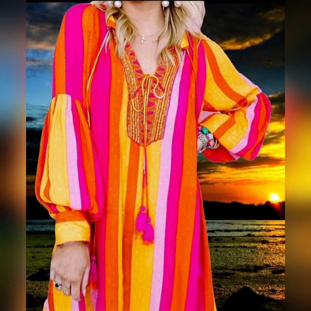 Bold Colorful Striped Women's Tunic Dress- One Size
